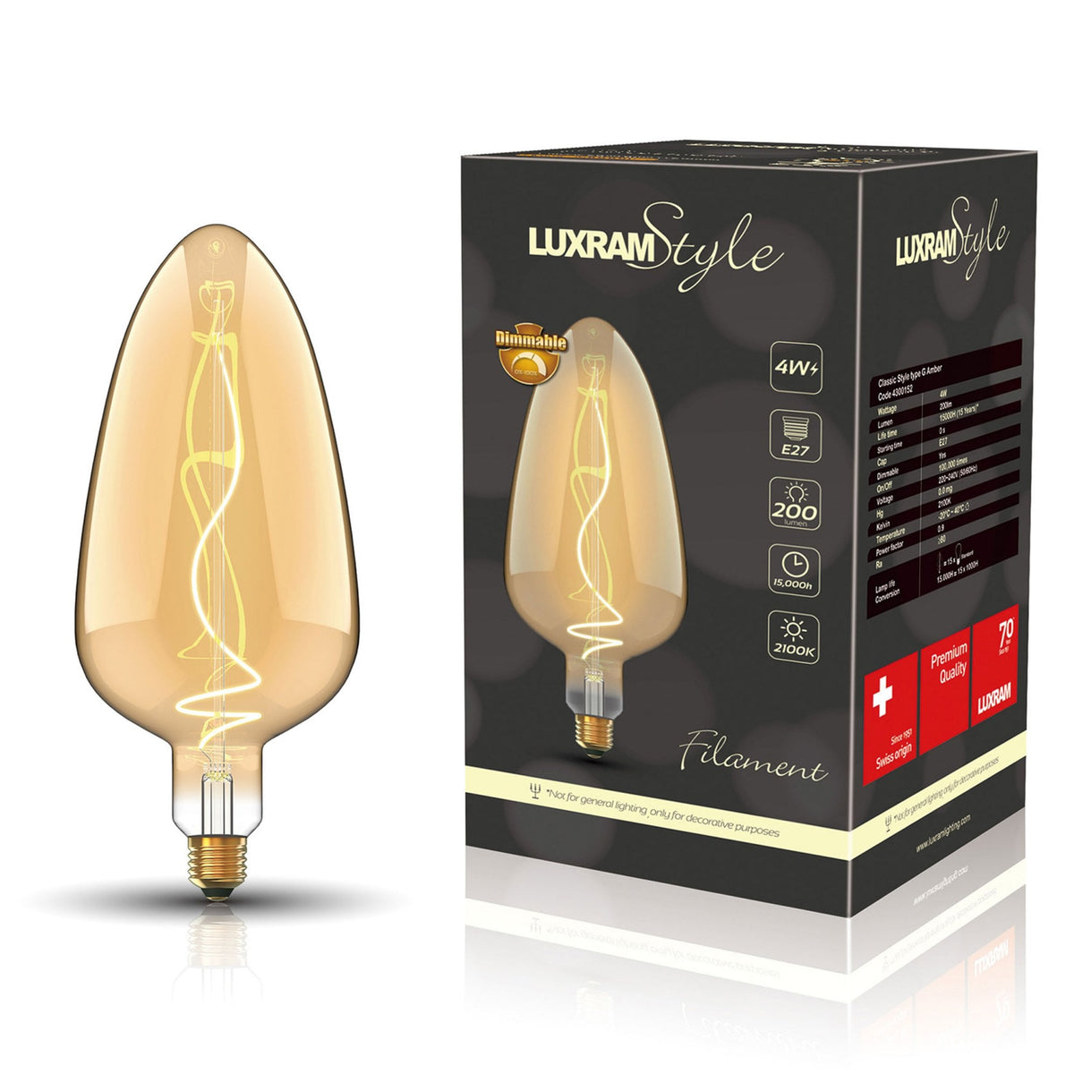 Classic Style E27 Amber Type G Dimmable Extra Warm White LED 4W 2100K 200lm