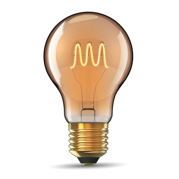 A single warm amber LUXRAM Classic Deco LED light bulb with a glowing spiral filament.