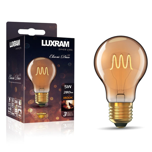 A LUXRAM Classic Deco LED light bulb box with a warm amber bulb and glowing filament.