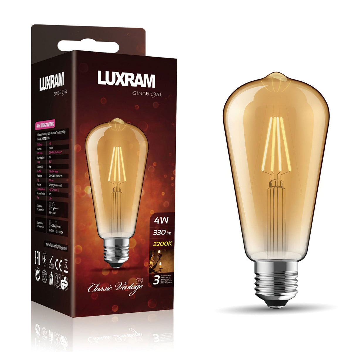 Vintage E27 Rustica Gold Extra Warm White LED 4W 2200K 330lm