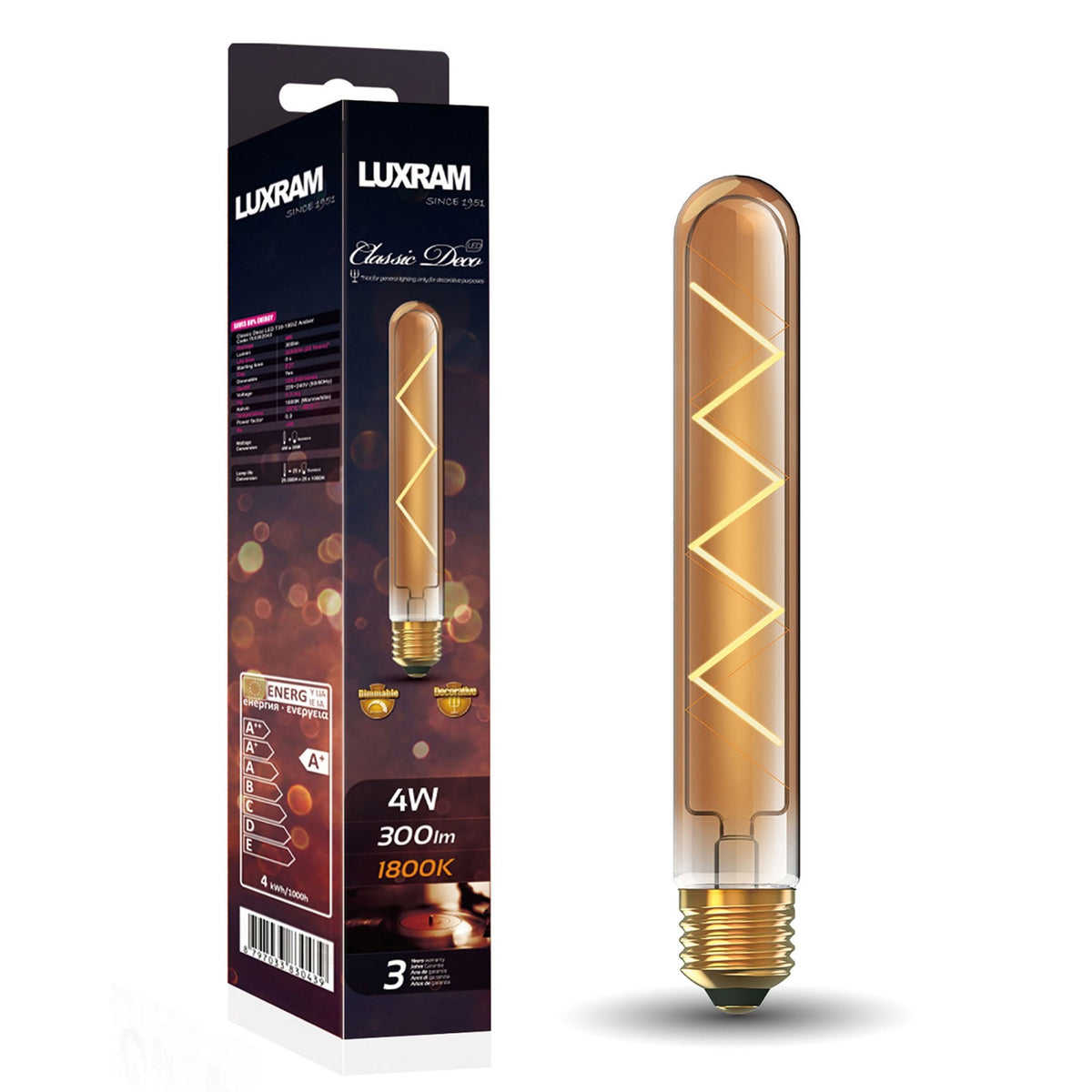 Classic Deco Gold E27 Dimmable Extra Warm White X Filament LED 185mm Tube 4W 1800K 300lm