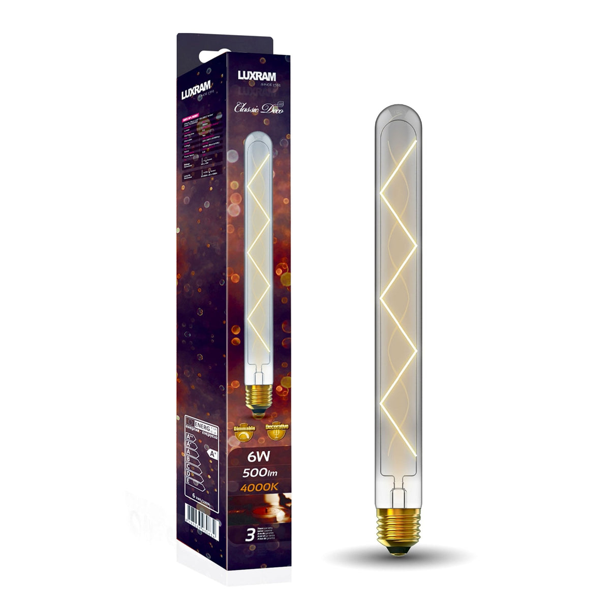 Classic Deco Smoked E27 Dimmable Neutral White X Filament LED 280mm Tube 6W 4000K 500lm