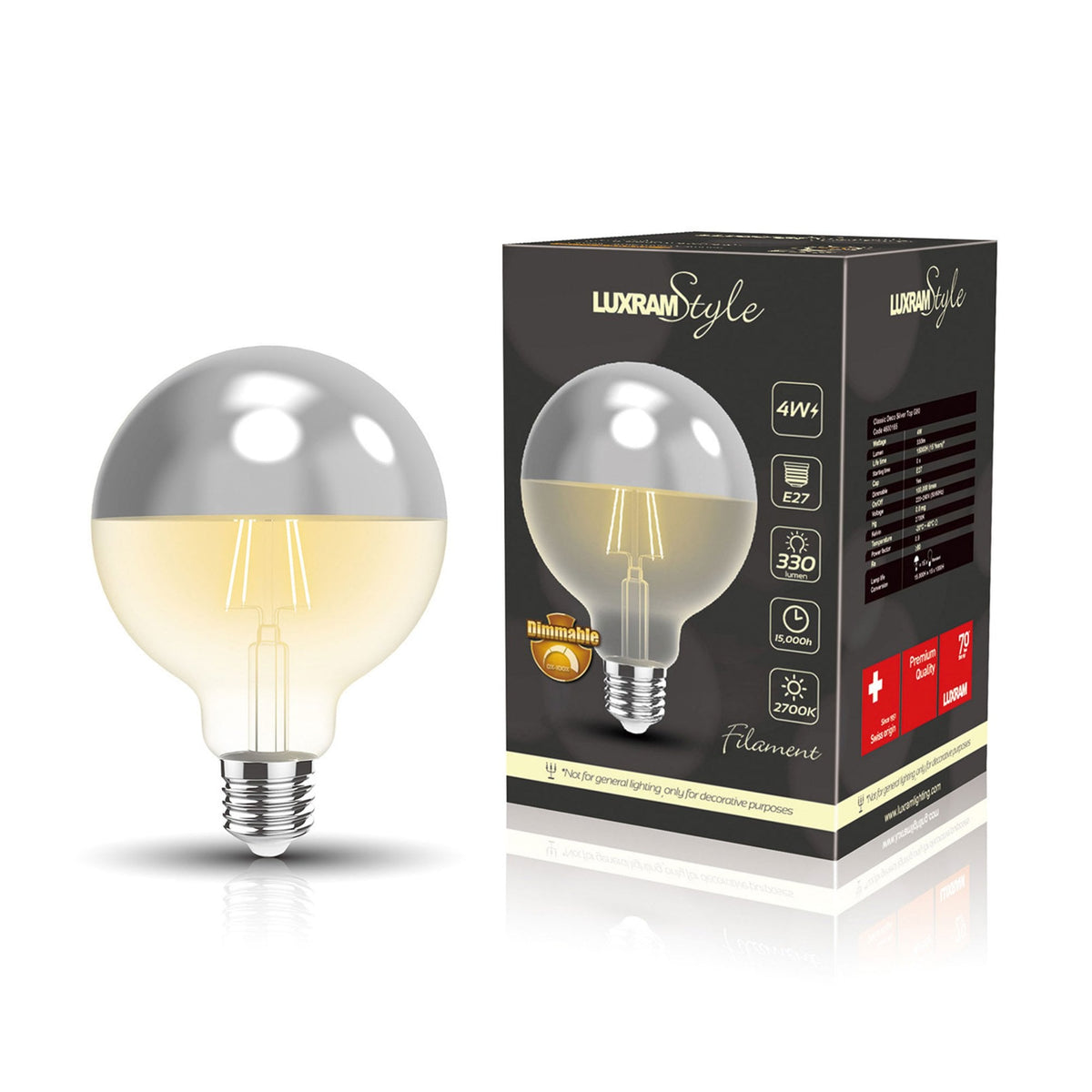 Classic Deco E27 Dimmable Warm White Chrome Top 80mm LED Globe 4W 2700K 330lm