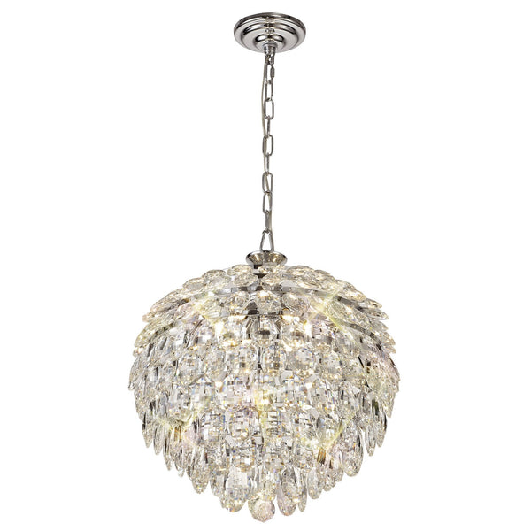 A dazzling crystal orb chandelier suspended by a silver chain, providing opulent lighting. 