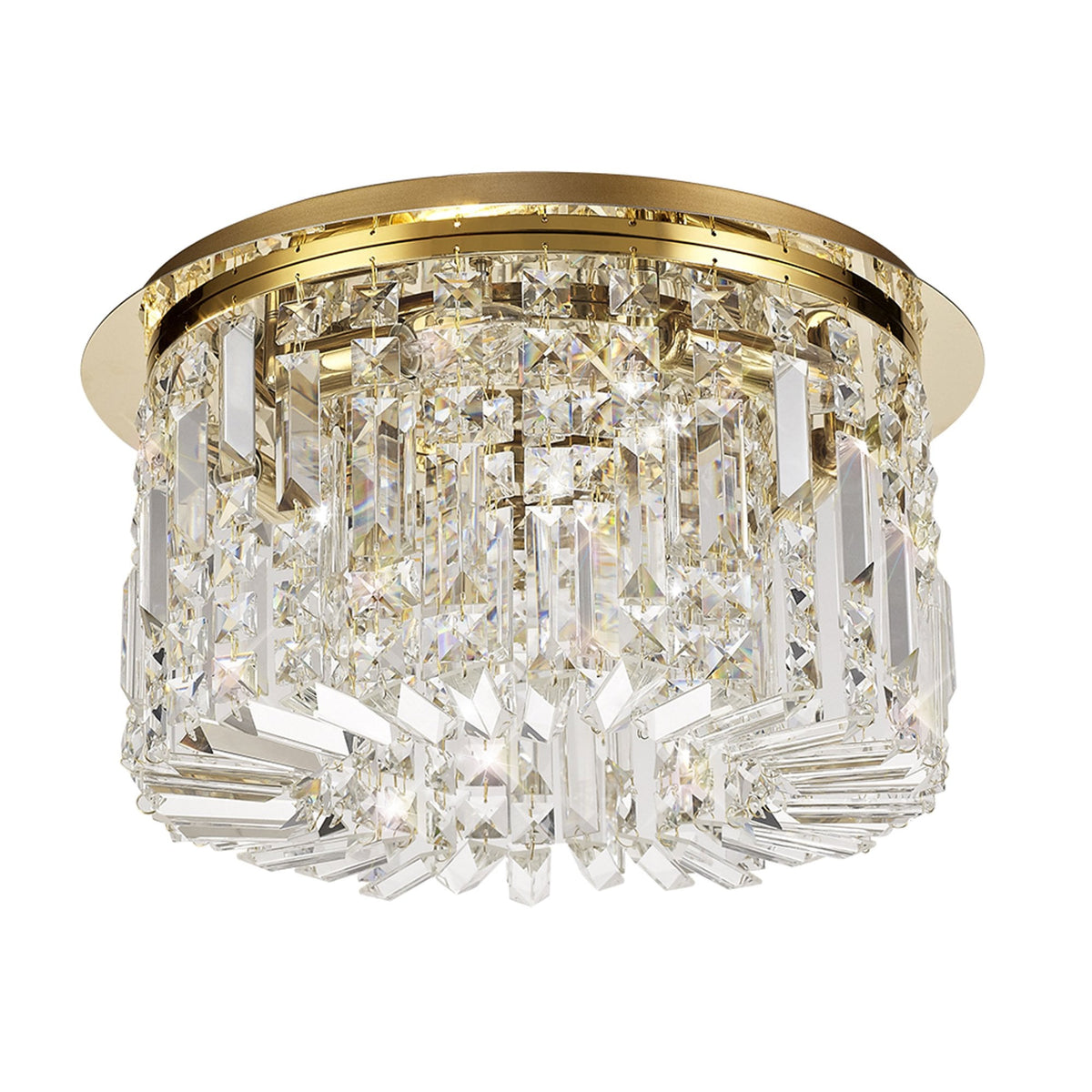 A round ceiling light with a brass base and clear, reflective crystal accents.