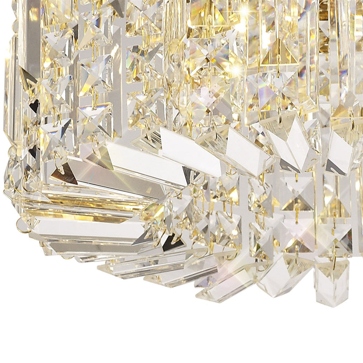 Close-up of the bottom of the crystal ceiling light, showing faceted glass.