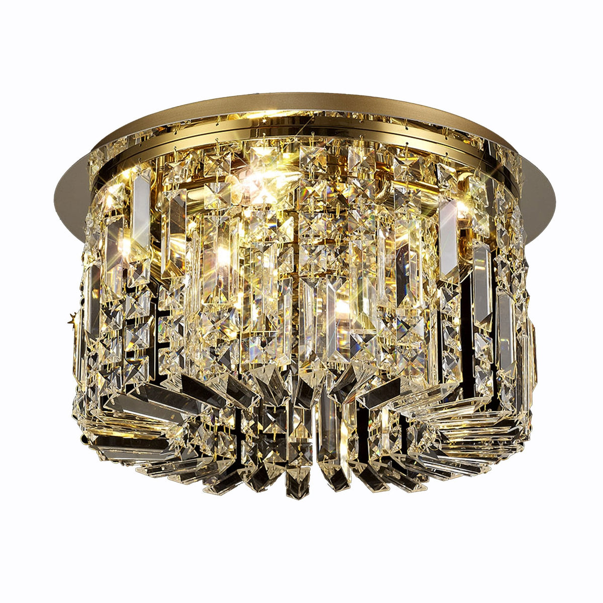 Front view of the illuminated brass and crystal ceiling light, sparkling brightly.