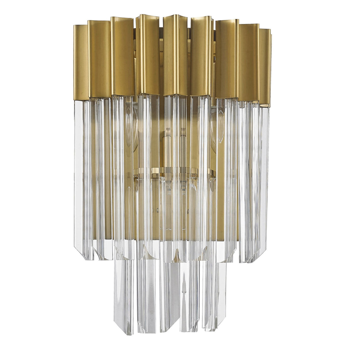 A luxurious wall sconce with a gold frame and clear glass rods, unlit.