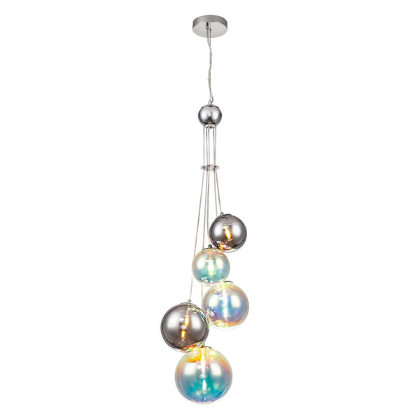 Ridge 5 Light G9 Pendant in Polished Chrome with Iridescent Glass