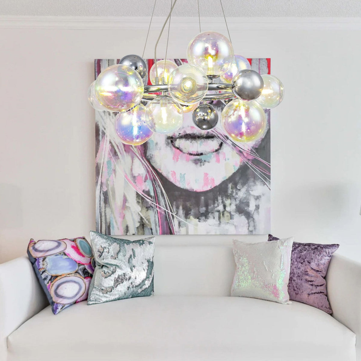 Ridge 12 Light G9 Pendant in Polished Chrome with Iridescent Glass