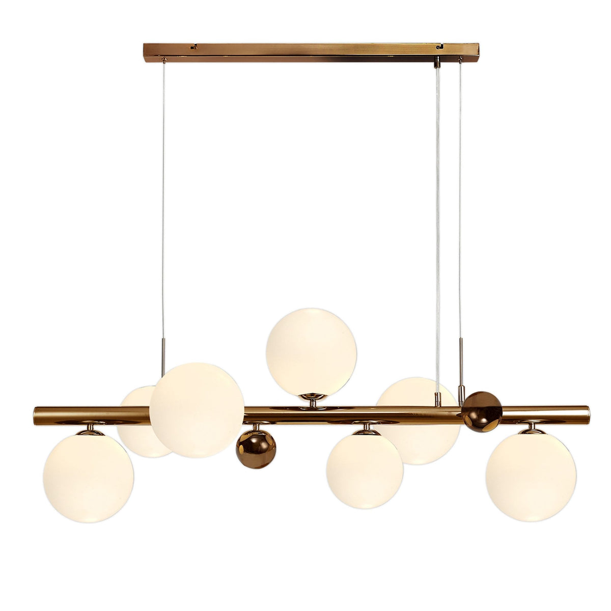Ridge 7 Light Linear Pendant in Antique Copper with Opal & Copper Glass