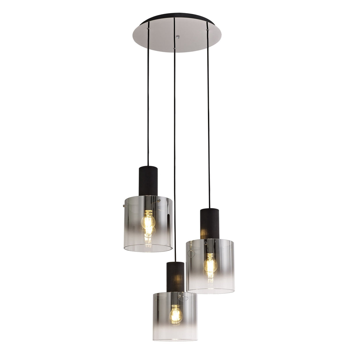 Belstone Triple Round Pendant in Black & Chrome with Smoke Fade Glass