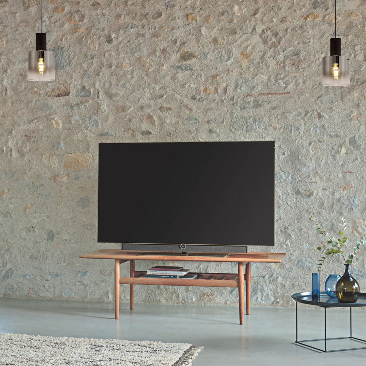Belstone Single Drop Pendant in Black & Chrome with Smoke Fade Glass