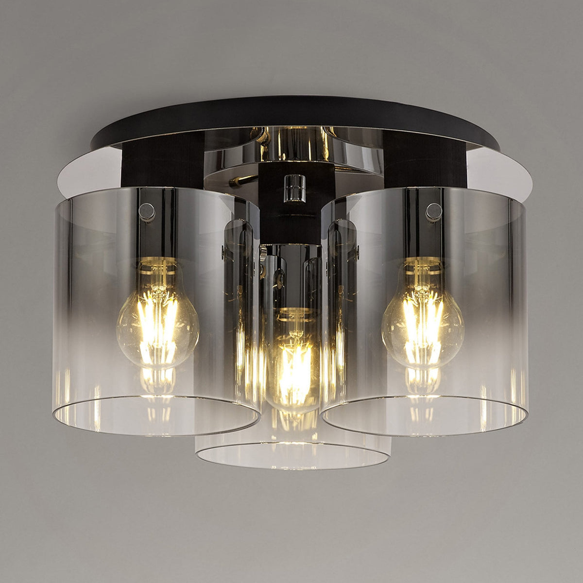 Belstone Triple Round Flush Ceiling Light in Black & Chrome with Smoke Fade Glass