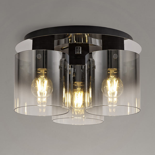 Belstone Triple Round Flush Ceiling Light in Black & Chrome with Smoke Fade Glass