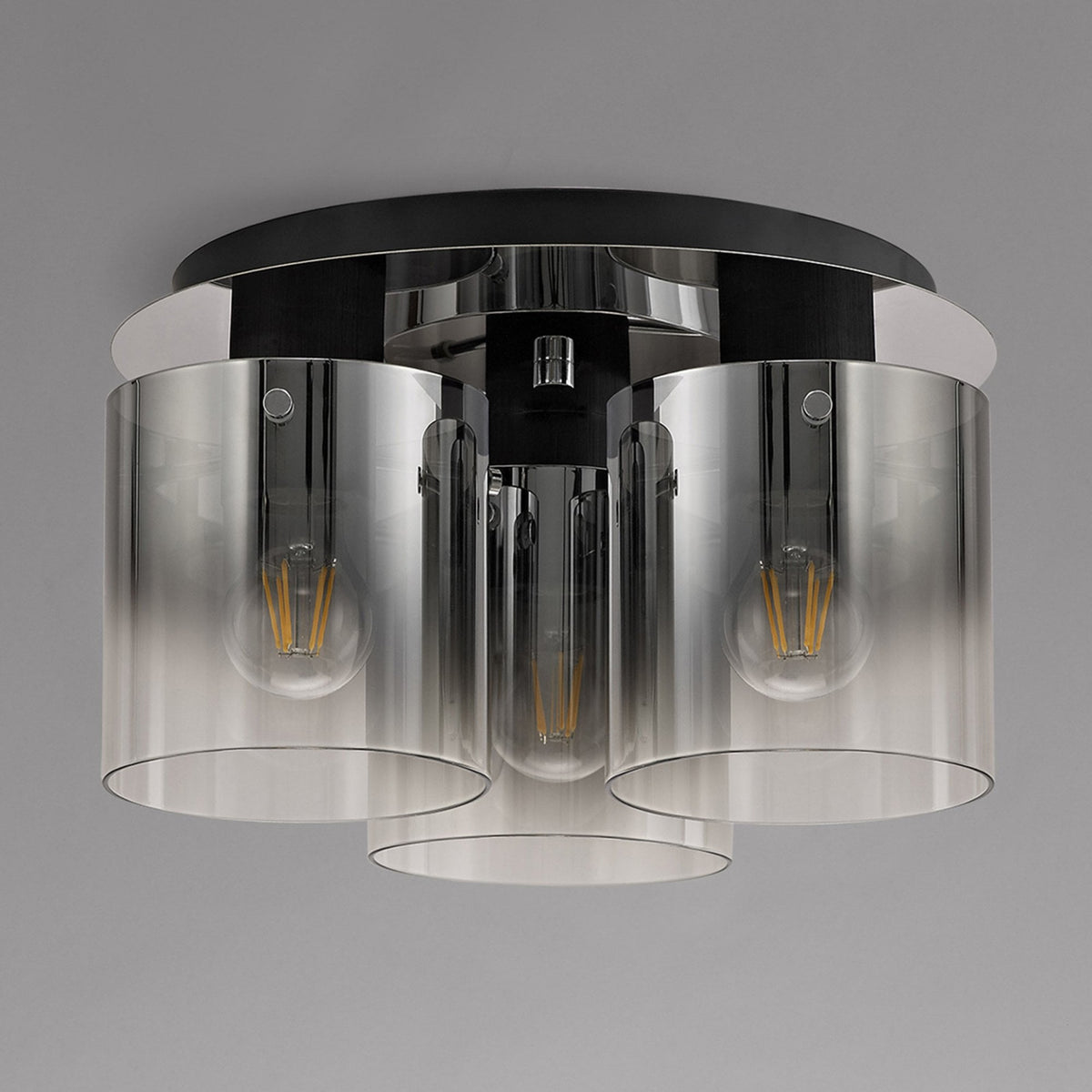 Belstone Triple Round Flush Ceiling Light in Black & Chrome with Smoke Fade Glass