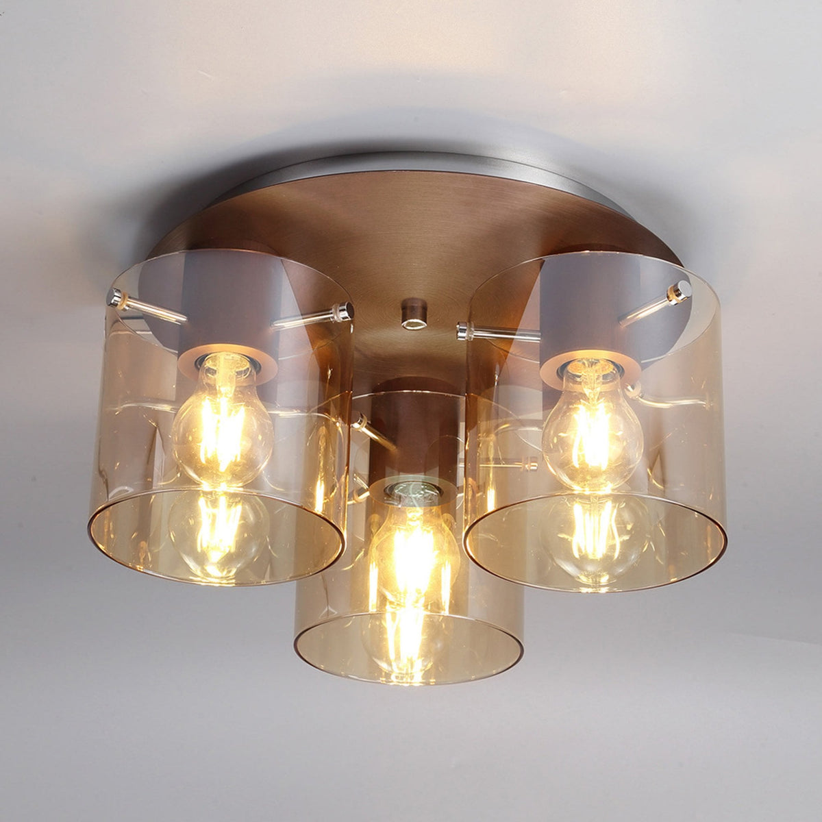 Belstone Triple Round Flush Ceiling Light in Mocha with Amber Glass