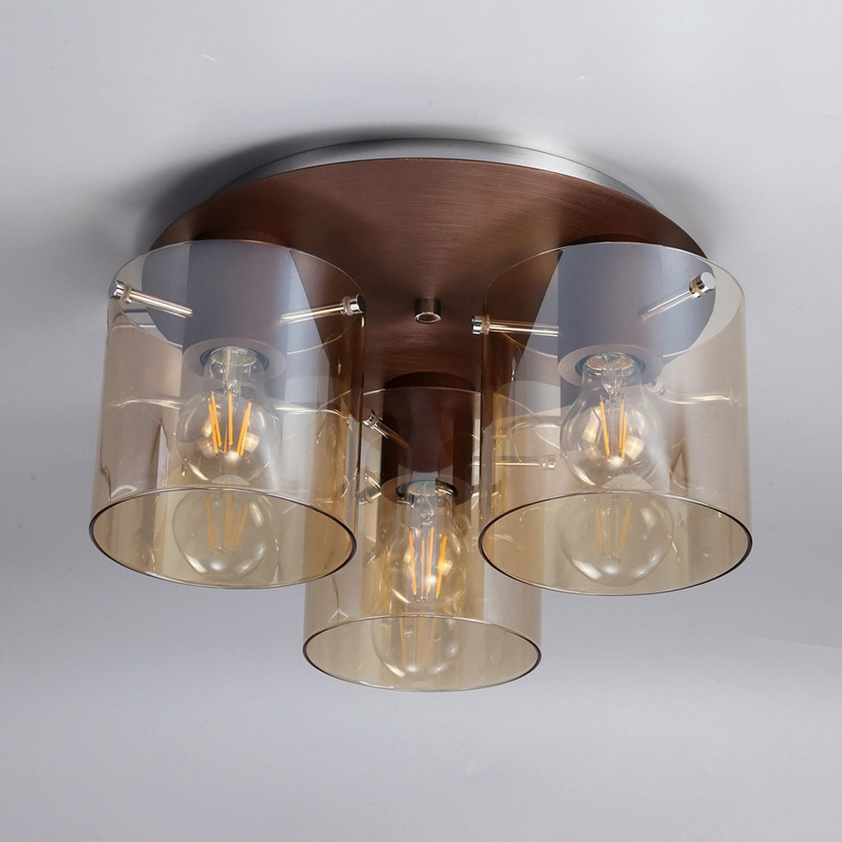 Belstone Triple Round Flush Ceiling Light in Mocha with Amber Glass