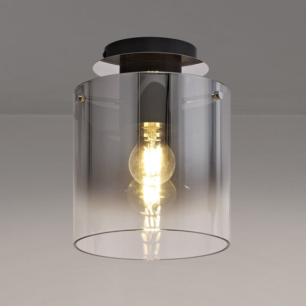 Belstone Round Flush Ceiling Light in Black & Chrome with Smoke Fade Glass