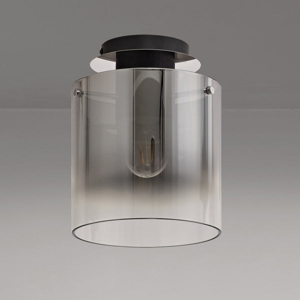 Belstone Round Flush Ceiling Light in Black & Chrome with Smoke Fade Glass