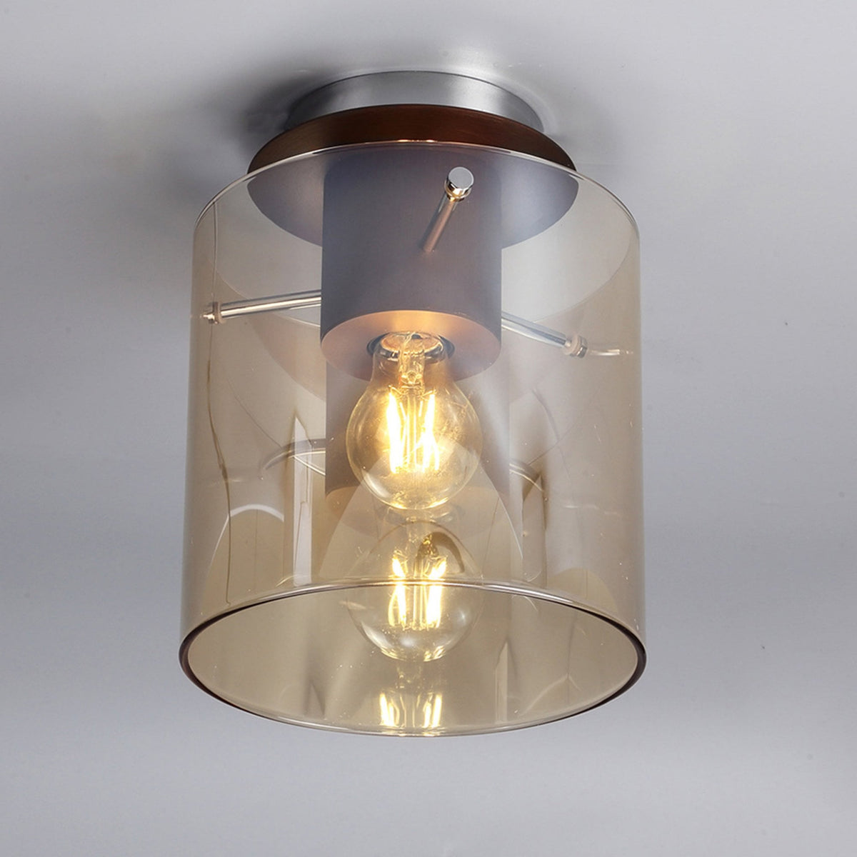 Belstone Round Flush Ceiling Light in Mocha with Amber Glass