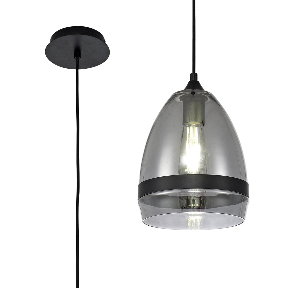 Kenn 200mm Cone Pendant in Matt Black & Smoked Glass