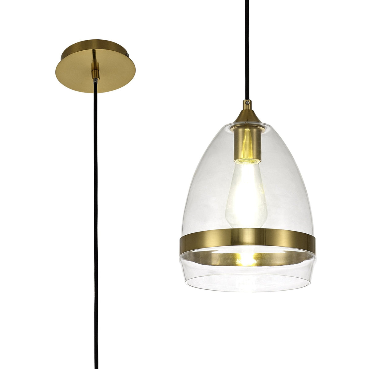 Kenn 200mm Cone Pendant in Ancient Brass & Clear Glass