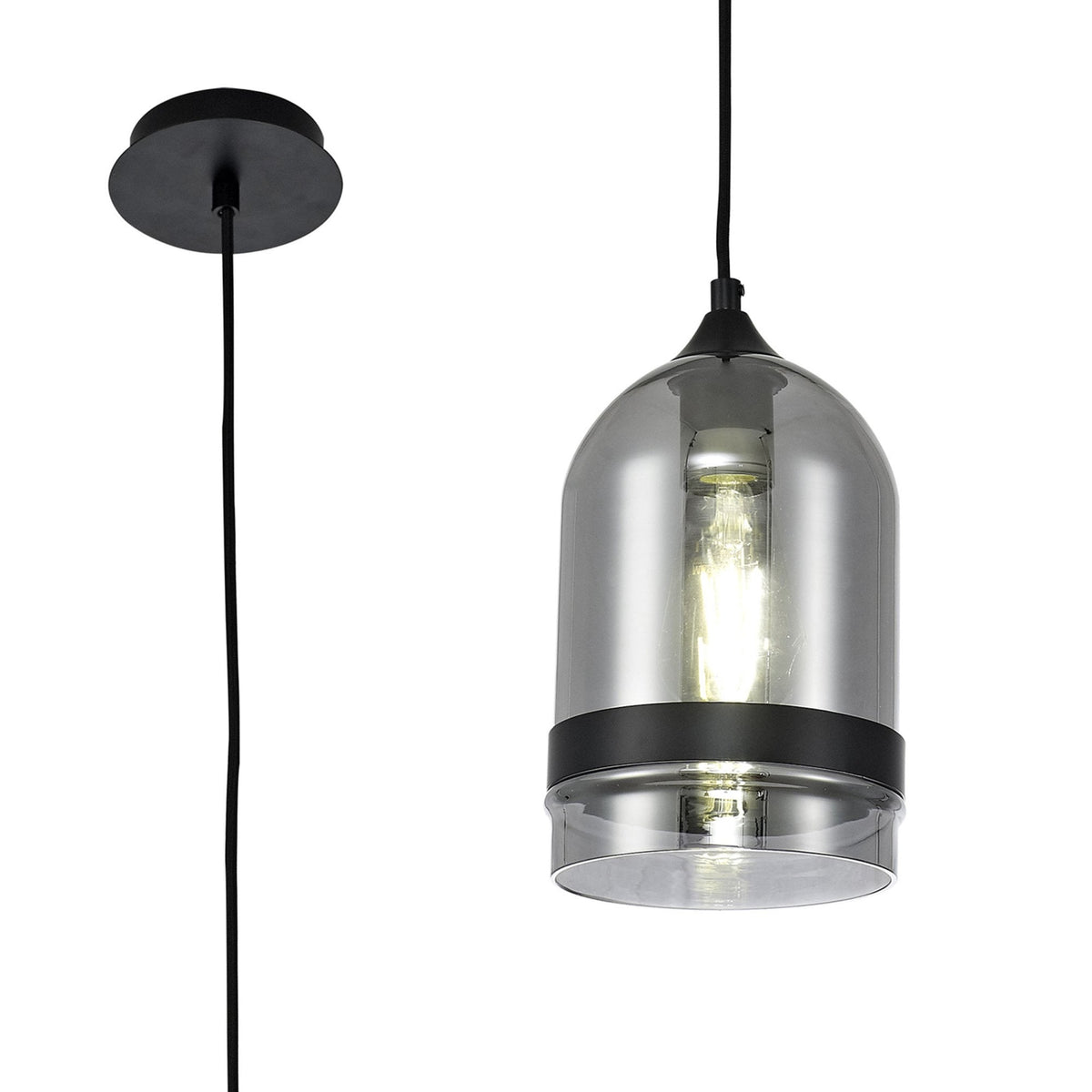Kenn 150mm Dome Pendant in Matt Black & Smoked Glass