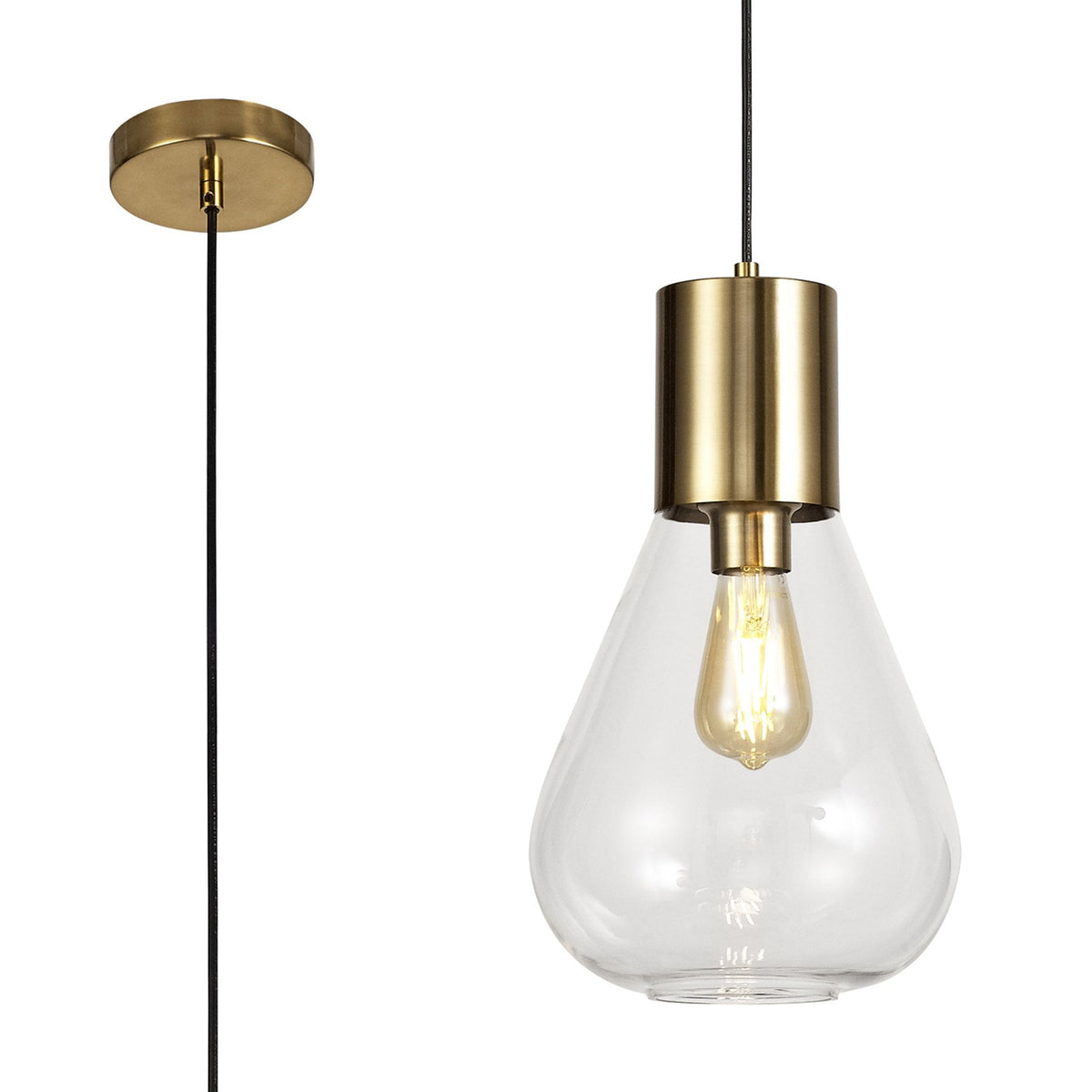 Roborough Narrow Pendant in Ancient Brass & Clear Glass