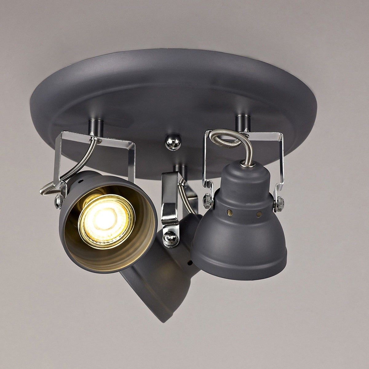 Taddiport Triple Adjustable GU10 Spotlight in Matt Grey & Polished Chrome