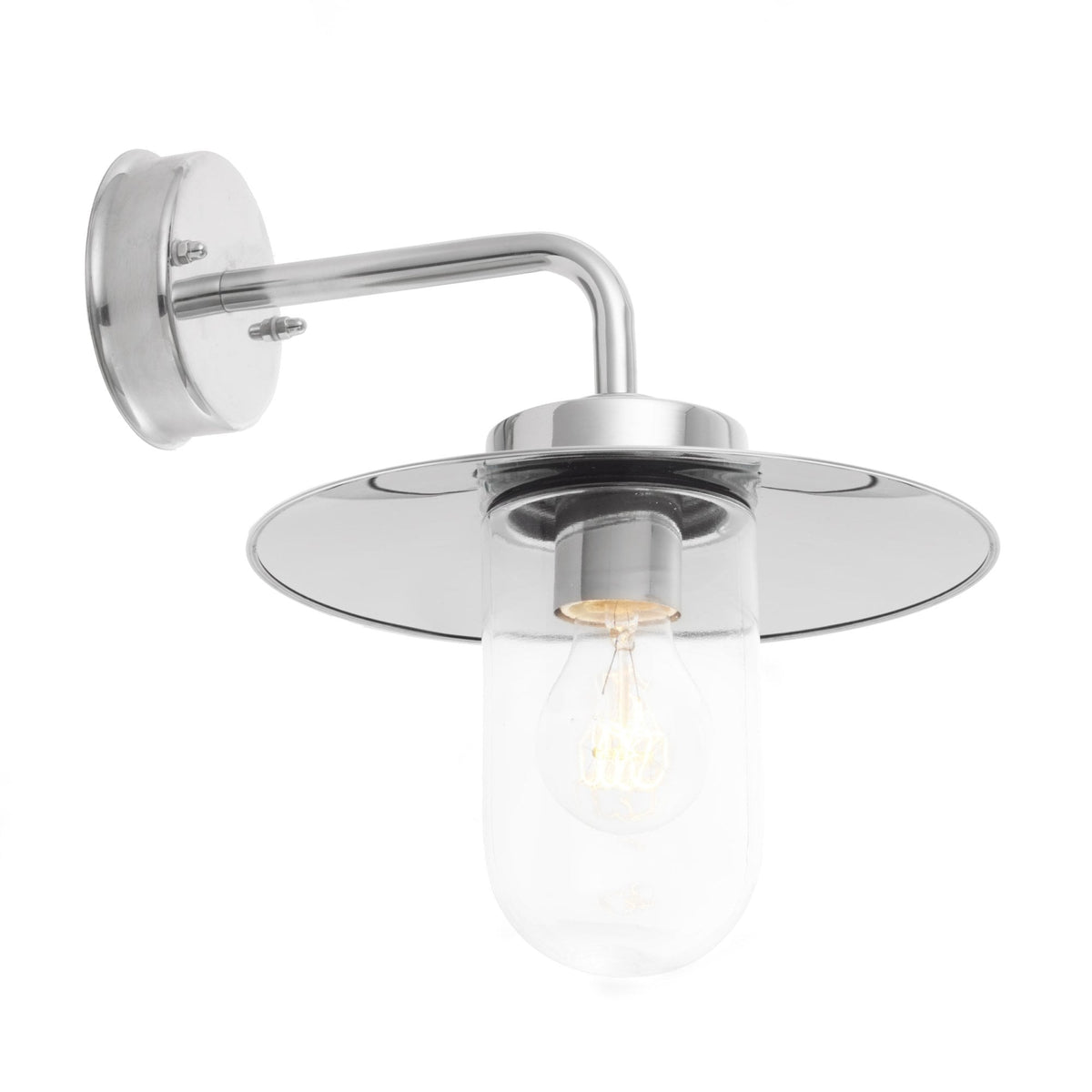 Polished chrome wall light with a clear glass shade and a wide, flat metal top on a white background.