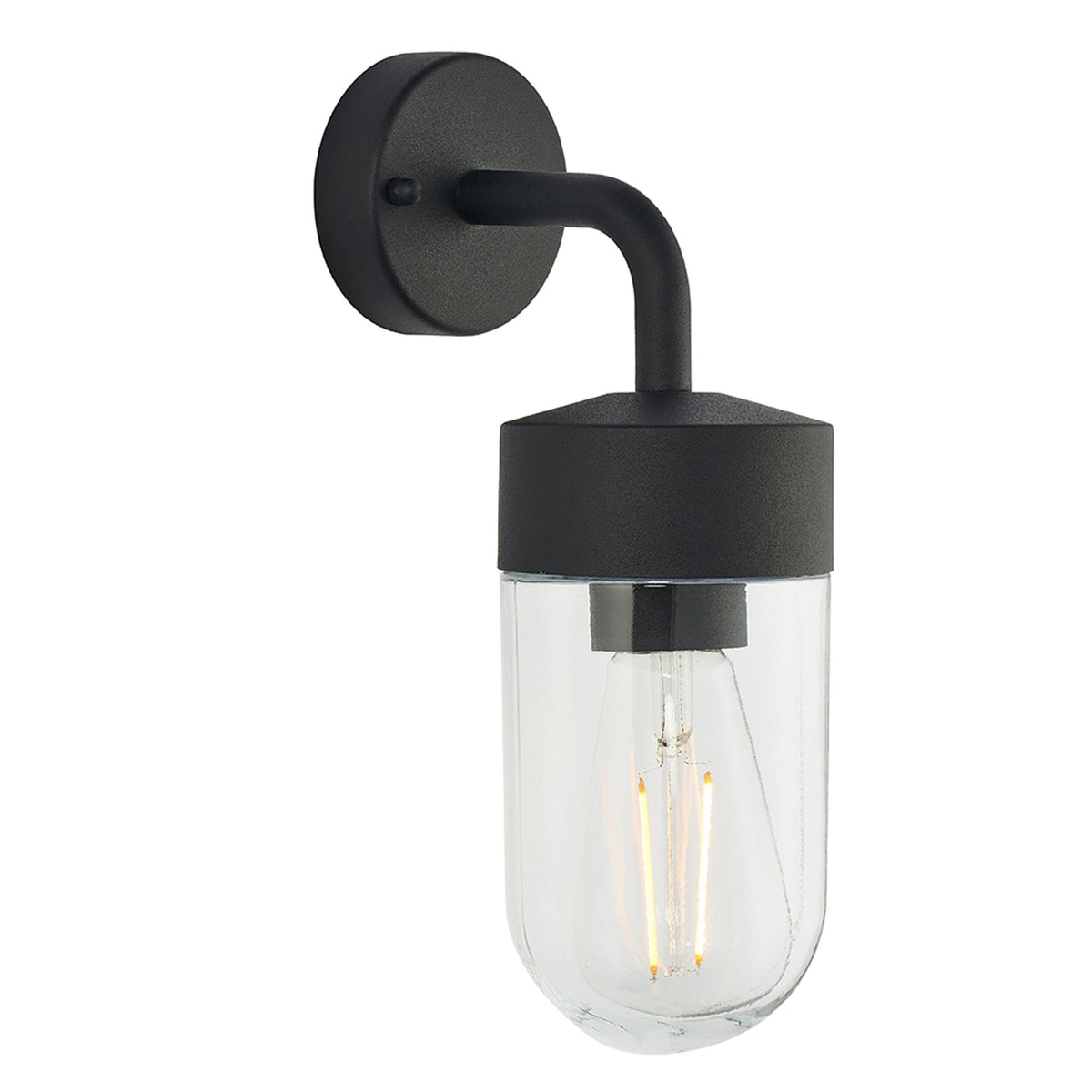 Black outdoor wall light with a clear glass shade and exposed filament bulb on a white background.
