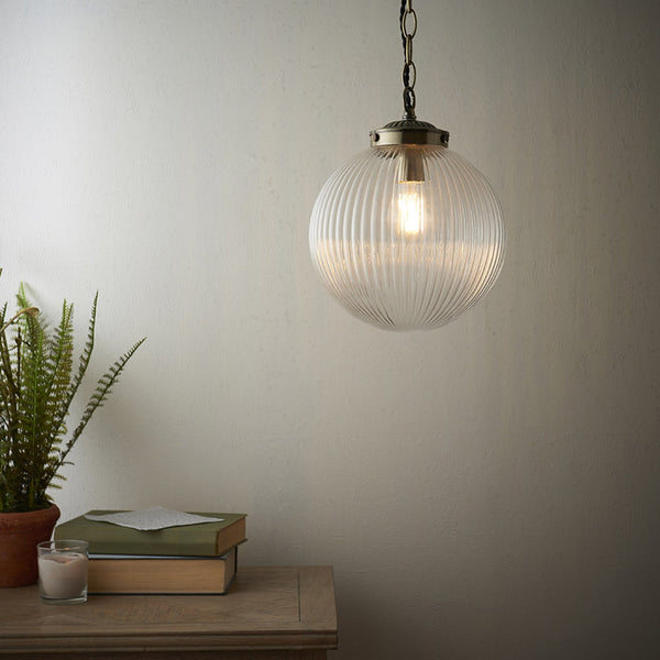 Brydon 250mm Antique Brass Pendant with Clear Ribbed Glass