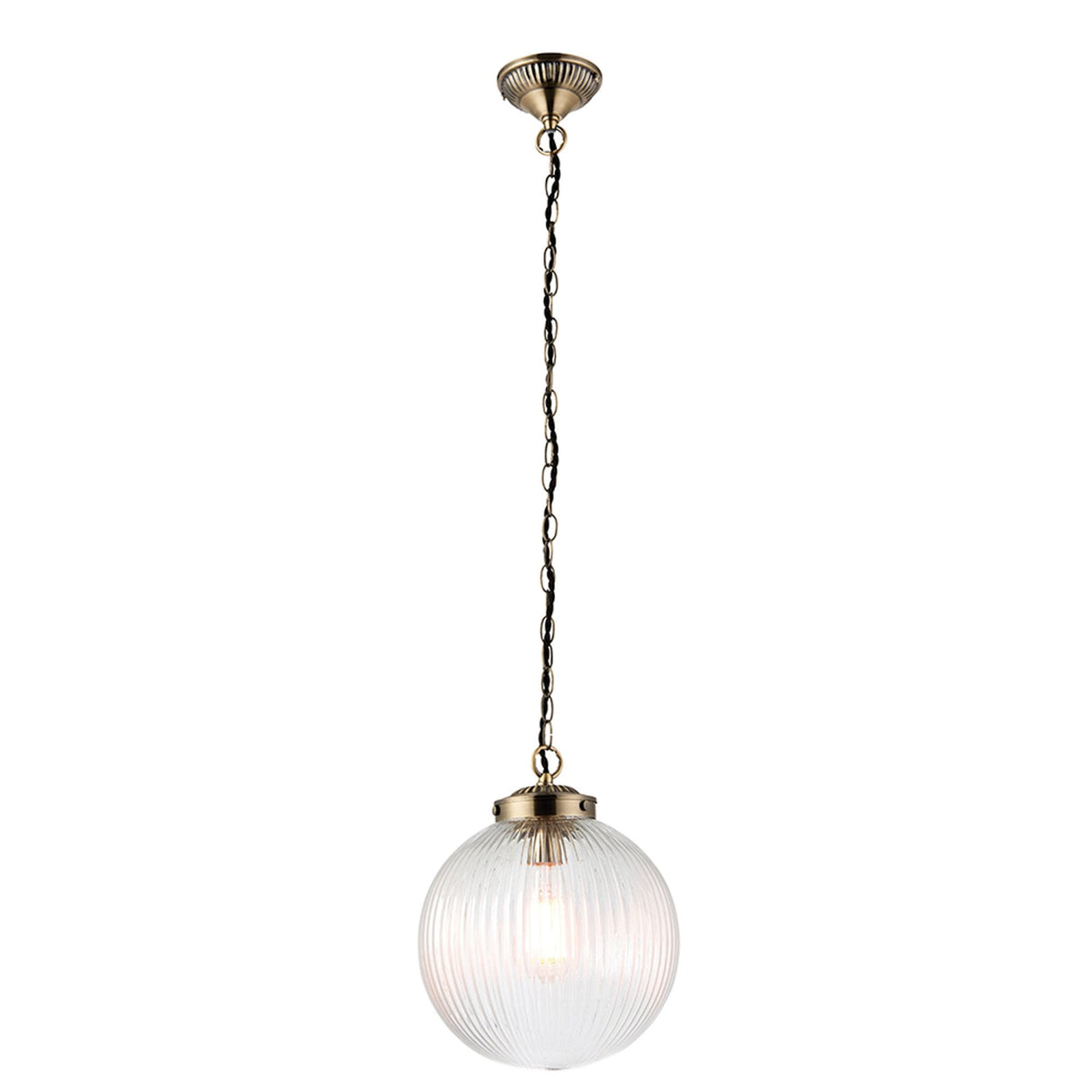 Ribbed glass globe pendant light with a brass chain and ceiling rose on a white background.