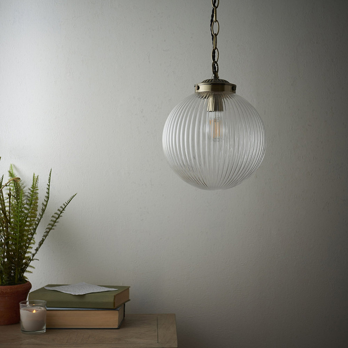 Ribbed glass pendant light with a brass fixture, illuminating a corner with a potted plant and books.