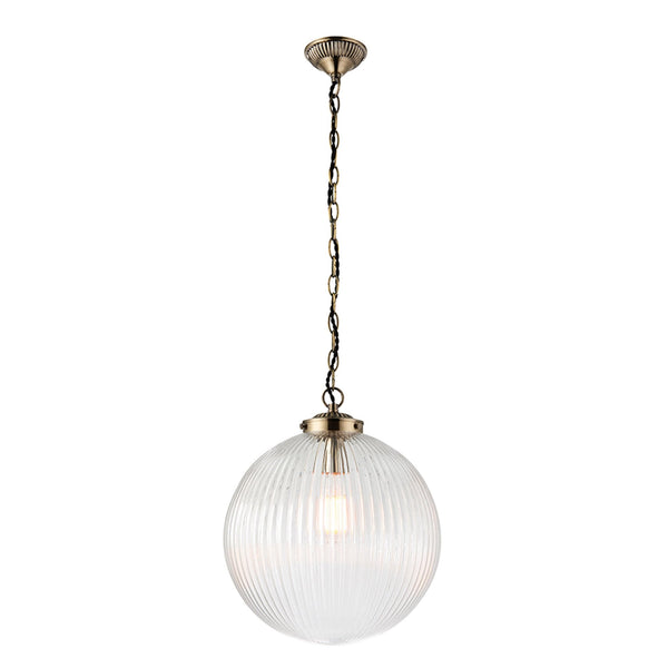 Brydon 350mm Antique Brass Pendant with Clear Ribbed Glass