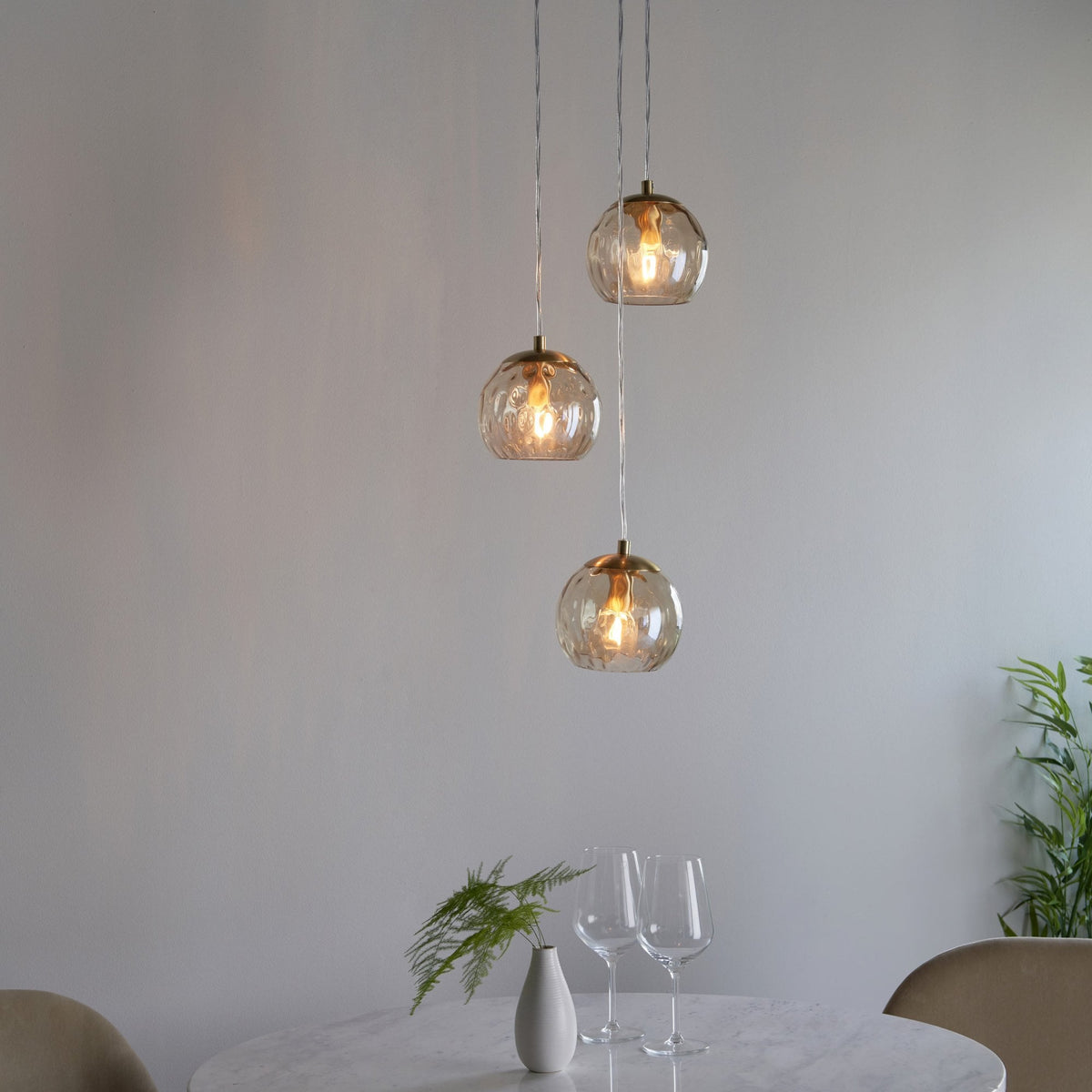 Dimple 3lt Multi Drop Pendant in Brushed Brass & Champagne Lustre Glass