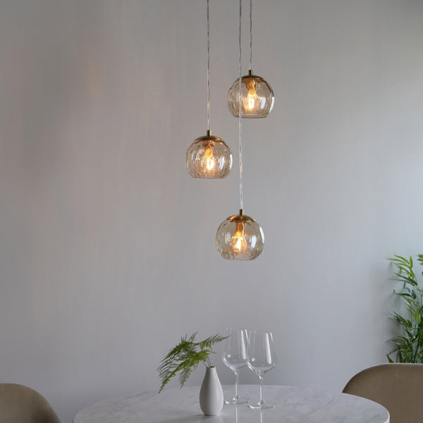 Dimple 3lt Multi Drop Pendant in Brushed Brass & Champagne Lustre Glass