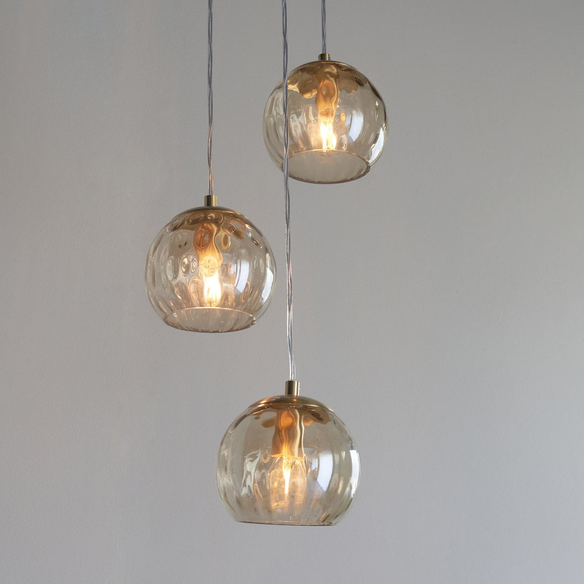 Dimple 3lt Multi Drop Pendant in Brushed Brass & Champagne Lustre Glass