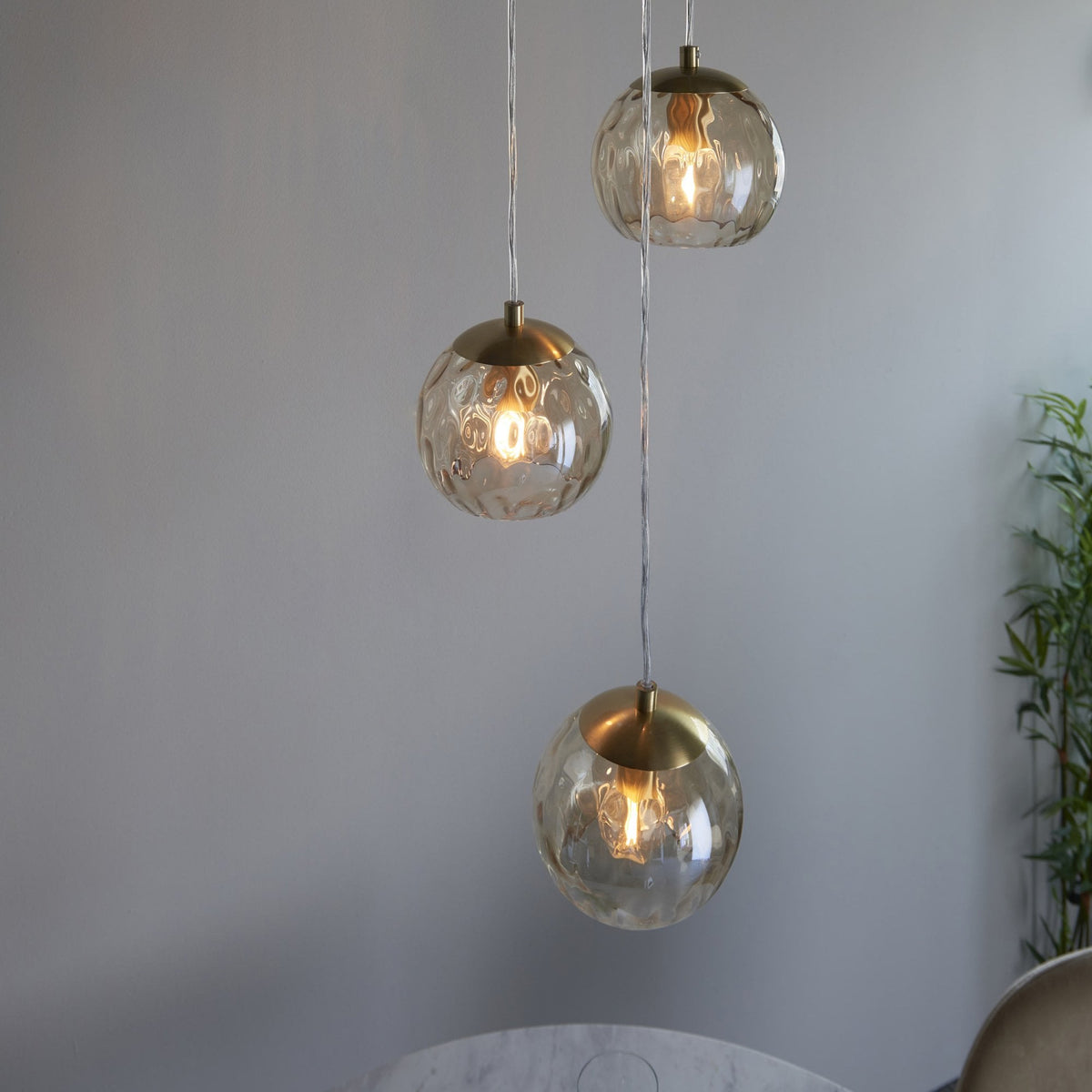 Dimple 3lt Multi Drop Pendant in Brushed Brass & Champagne Lustre Glass