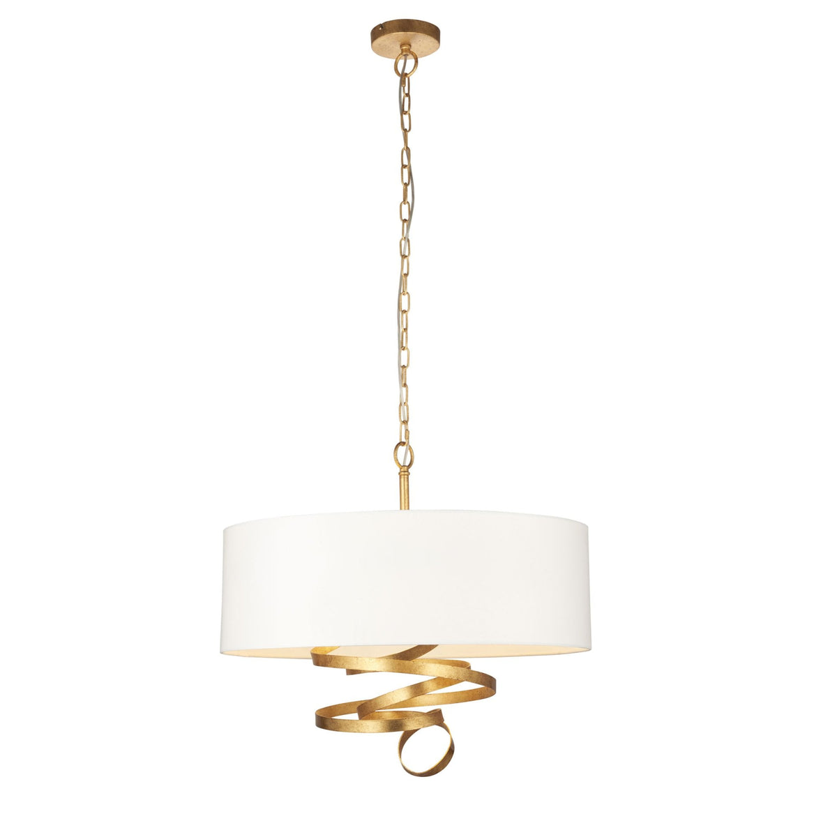 A white background highlights the pendant light's gold chain, white drum shade, and golden ribbon design.