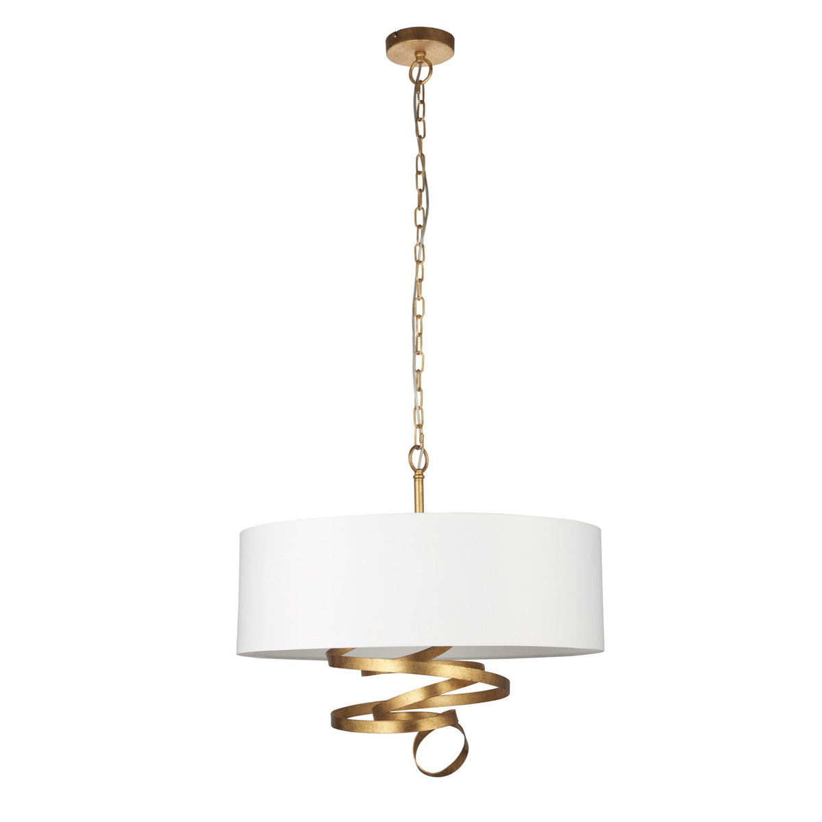 A simple white background showcases the pendant light's gold chain, white shade, and golden ribbon accents.
