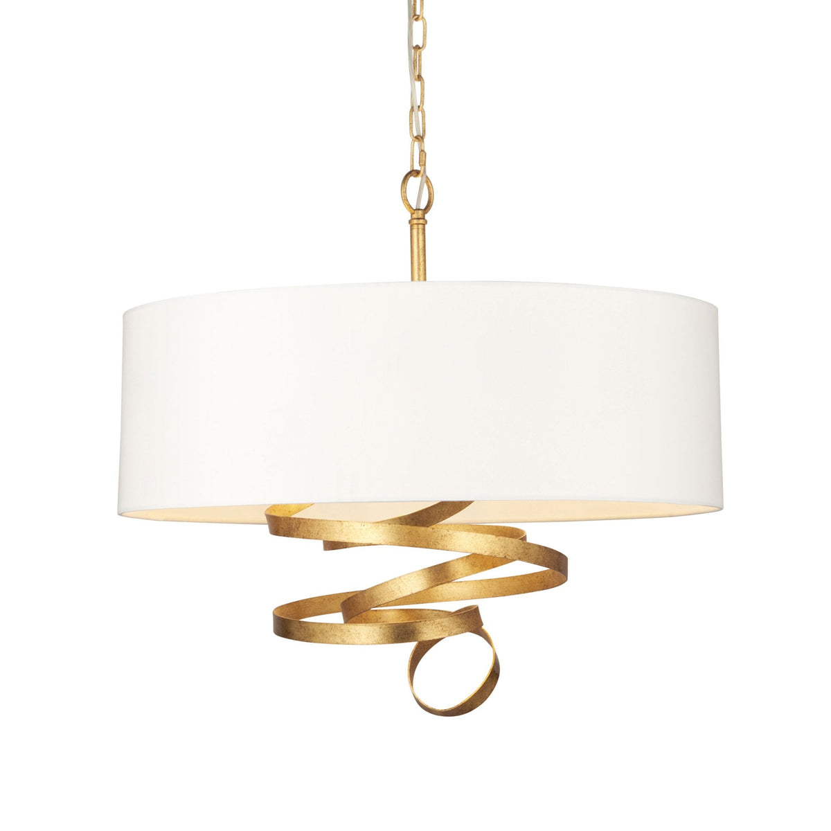 A crisp white background features the pendant light, highlighting its golden chain and ribbon details.
