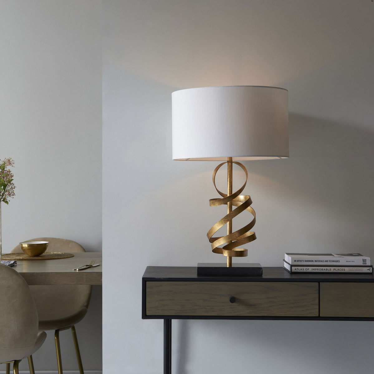 Rampisham Gold Ribbon Table Lamp with Ivory Cotton Shade