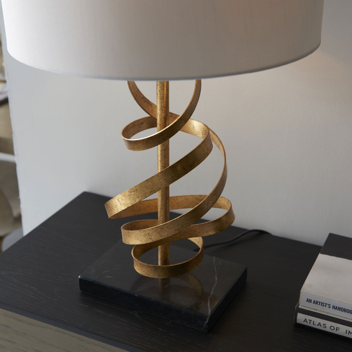 Rampisham Gold Ribbon Table Lamp with Ivory Cotton Shade