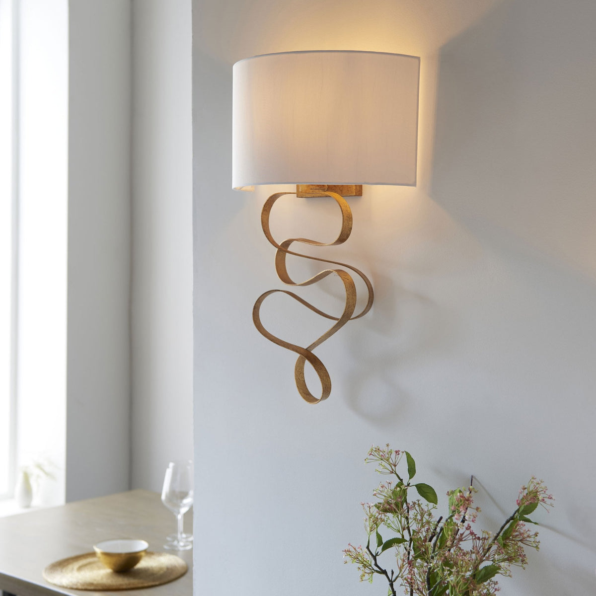Rampisham Gold Ribbon Wall Light with Ivory Cotton Shade