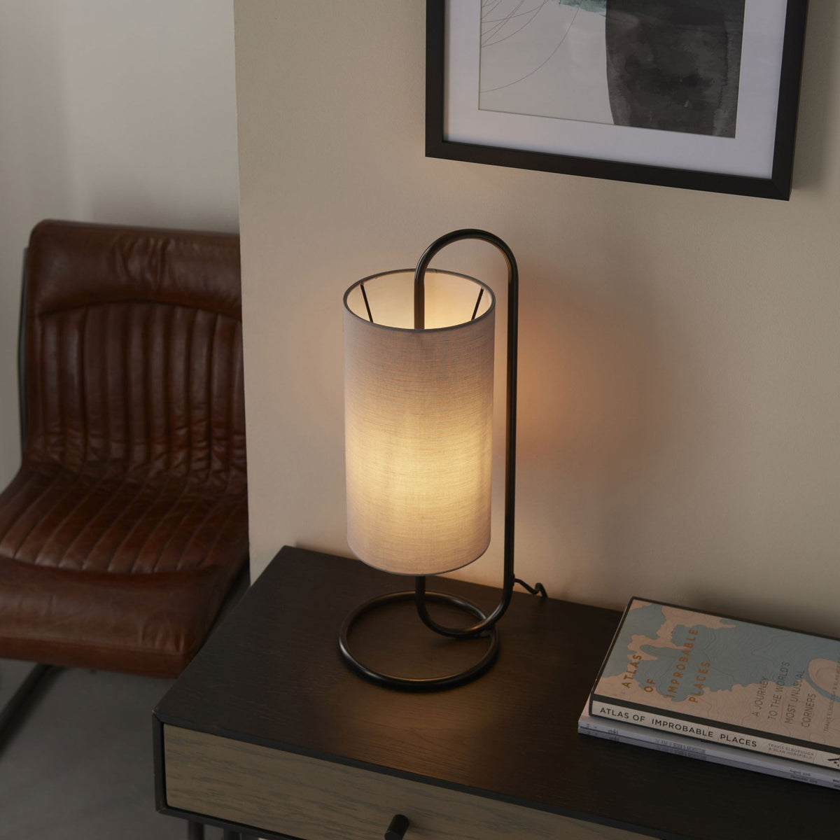 Klip Table Lamp in Matt Black with Grey Fabric Shade