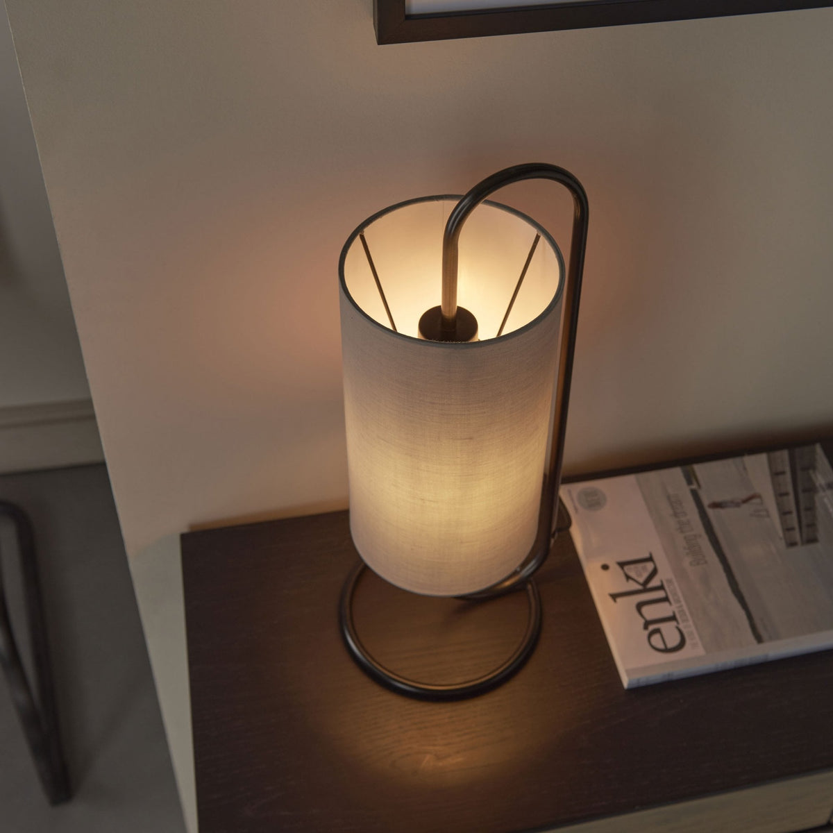 Klip Table Lamp in Matt Black with Grey Fabric Shade