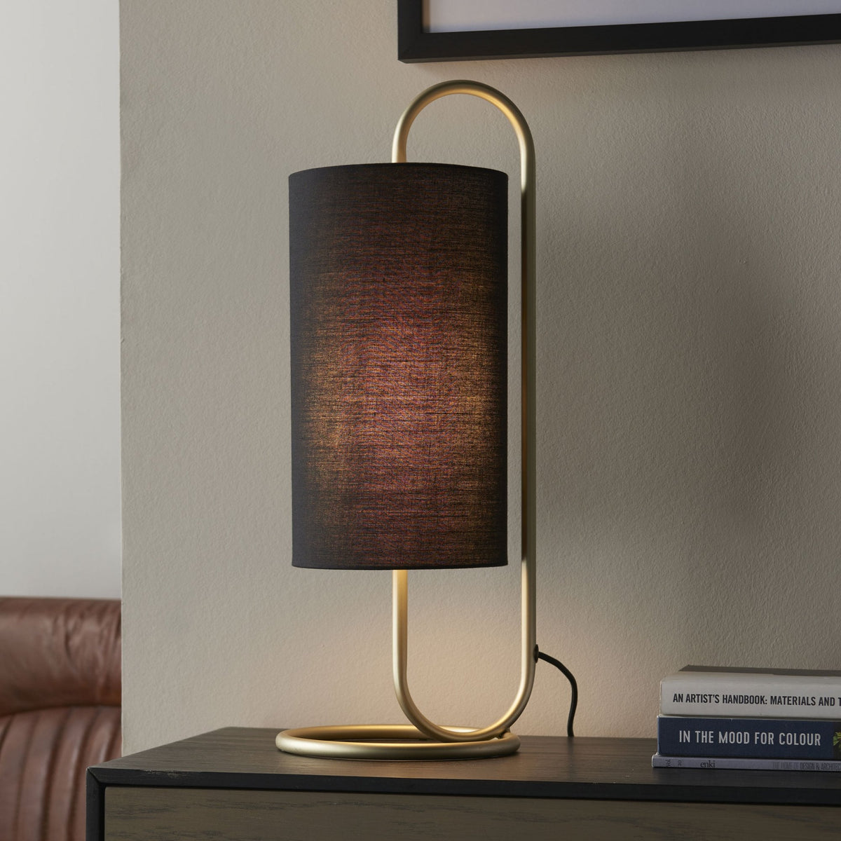 Klip Table Lamp in Antique Brass with Black Fabric Shade