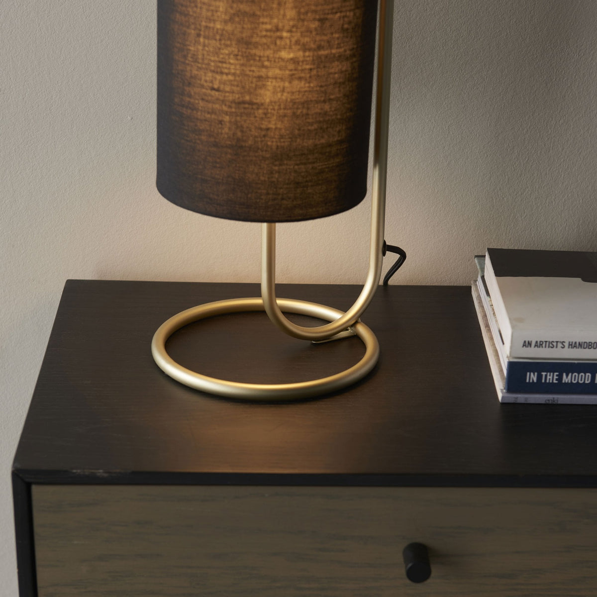 Klip Table Lamp in Antique Brass with Black Fabric Shade